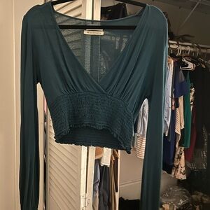 Urban Outfitters Teal Cropped Smocked Blouse